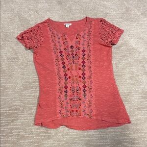 Embroidered Coral Top with Lace Sleeves